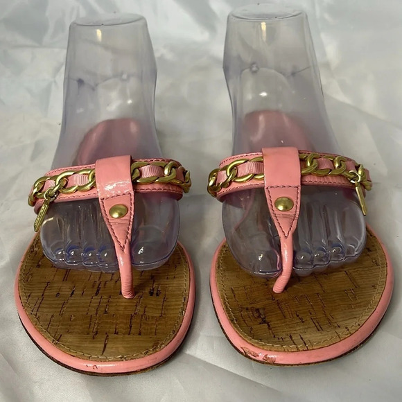 COACH Rizzo Pink Gold Chain Thong Sandals Cork Footbed Leather Sole As Is 7.5B - Picture 3 of 12